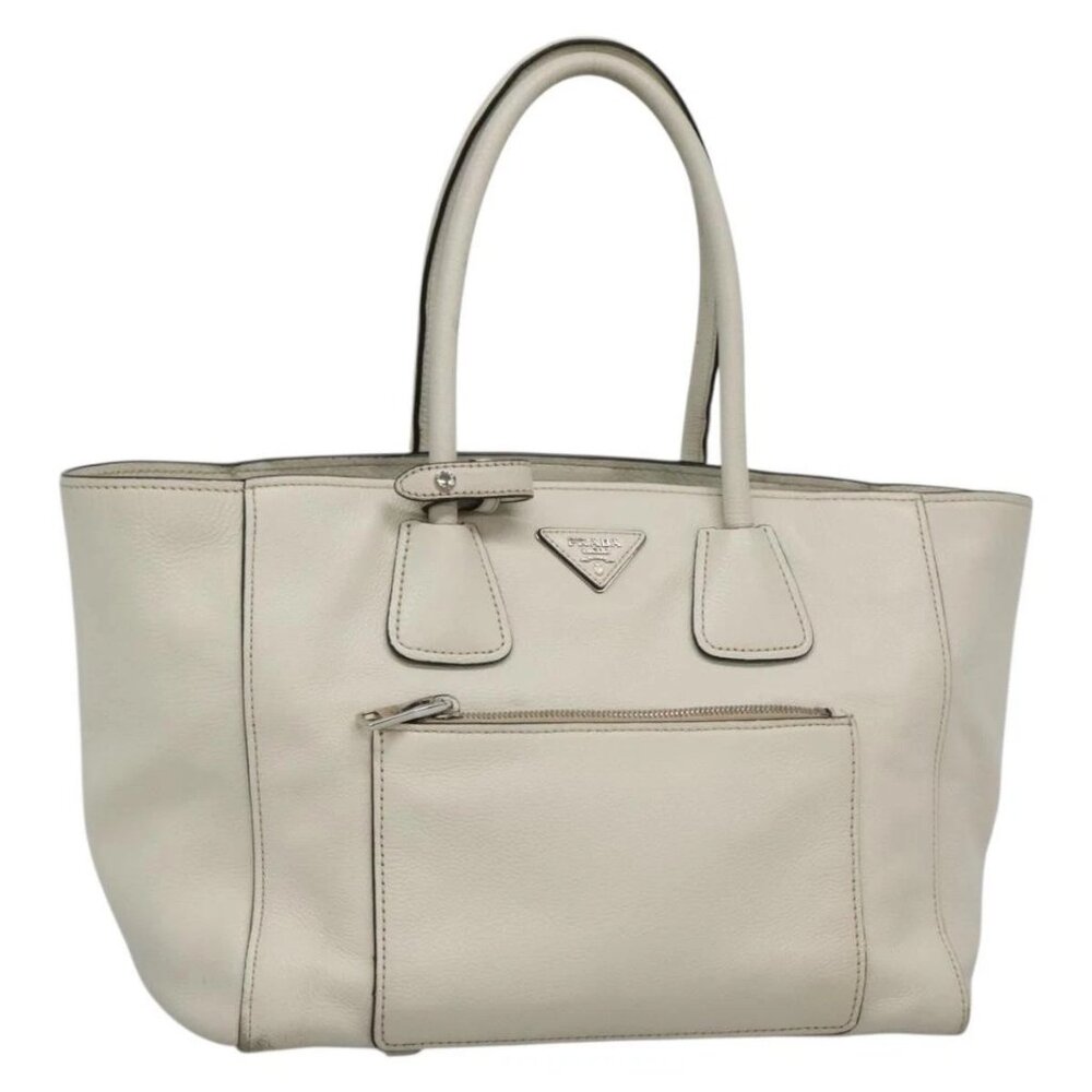 PRADA Tote Bag Leather White Silver Auth ep9305